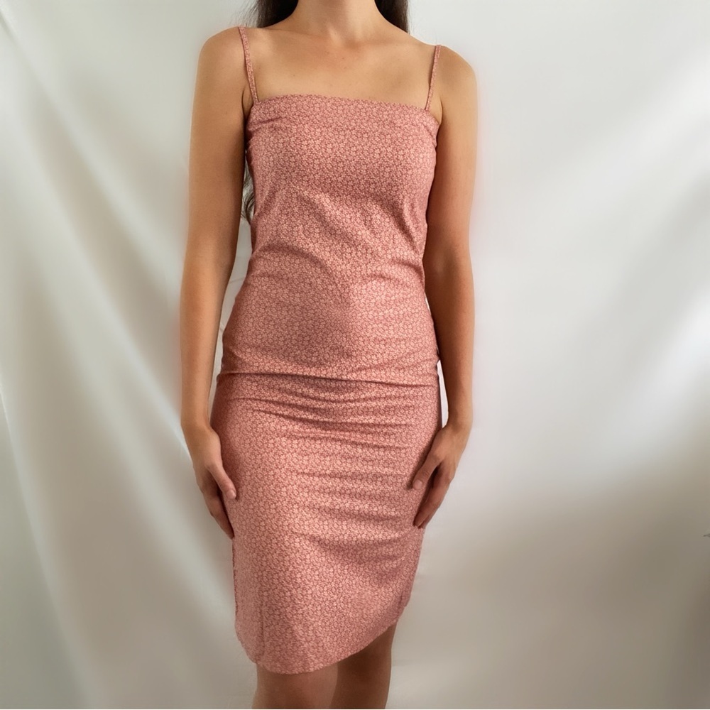Vintage 60s handmade bodycon cami midi dress floral blush straight neck